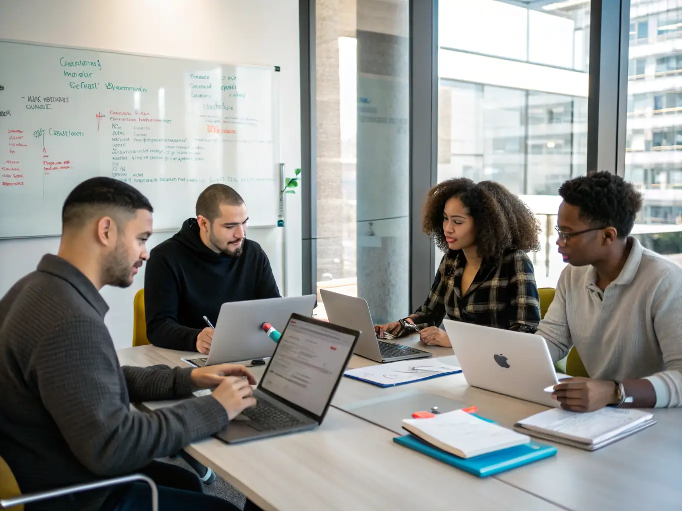 A diverse group of professionals collaborating during a workshop session at a business conference, emphasizing teamwork and knowledge sharing.