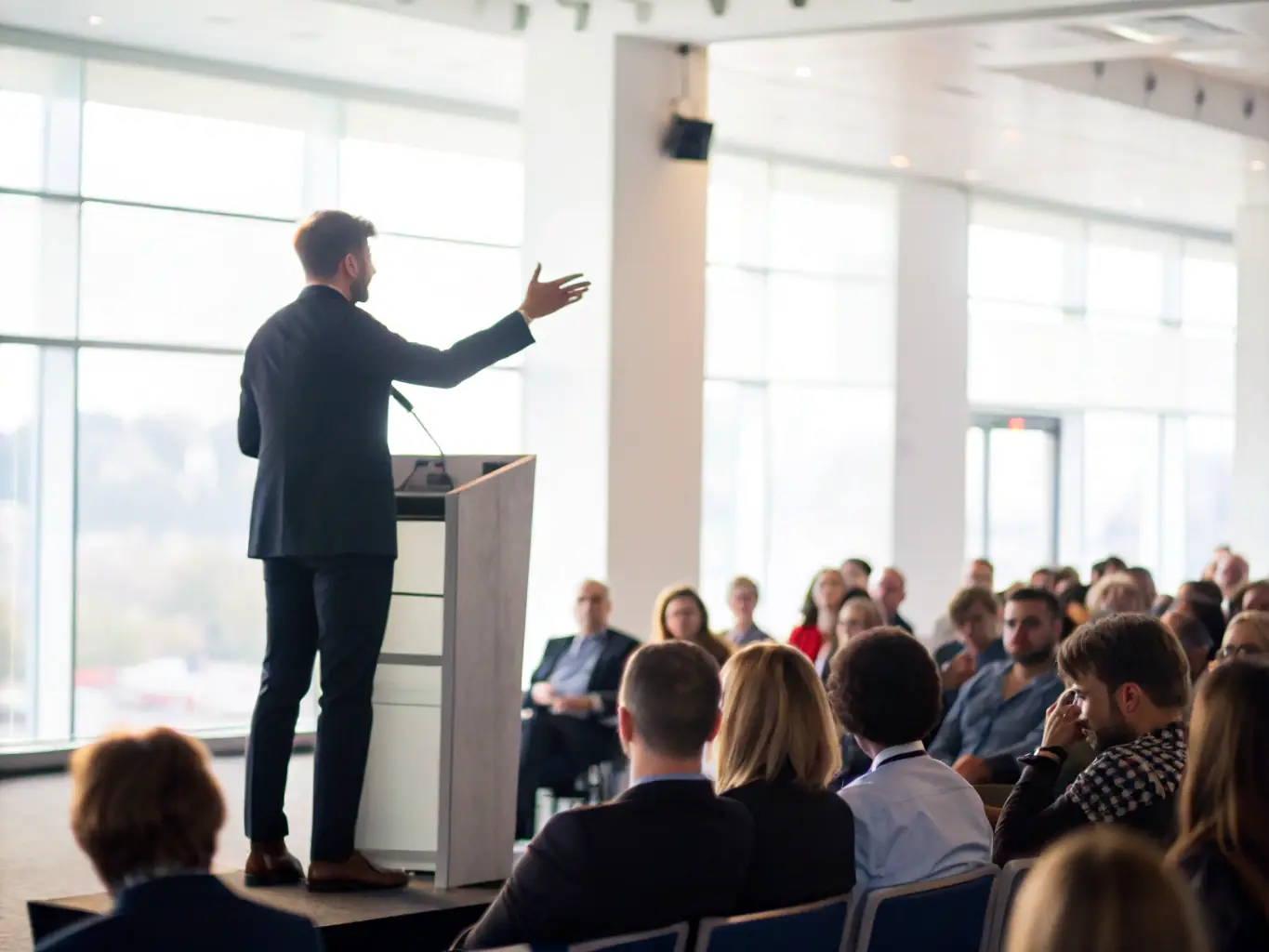 A dynamic speaker on stage at a business conference, engaging the audience with a presentation on innovative strategies.