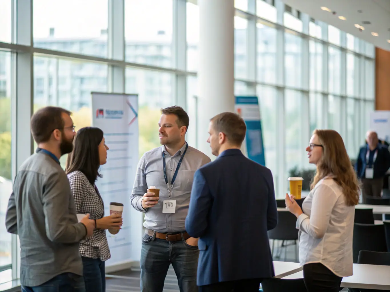 A modern conference hall with attendees networking during a coffee break, showcasing a relaxed and engaging atmosphere.