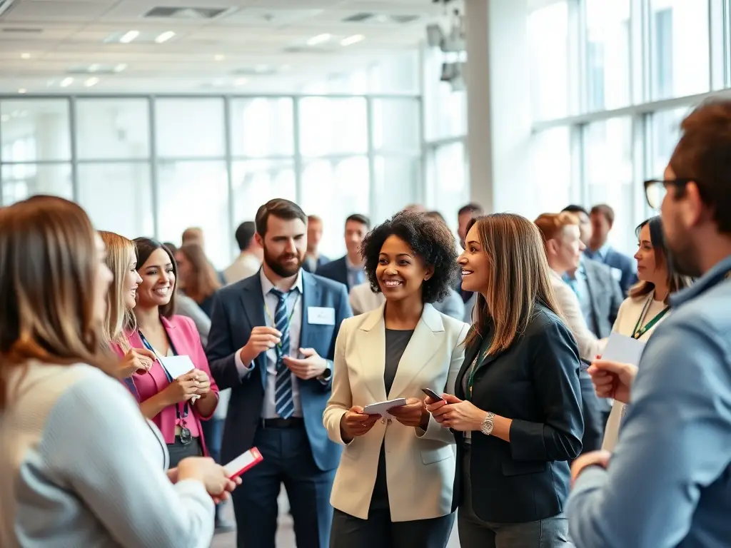 A vibrant photograph capturing a networking session at a lobsterspace.fun conference, showcasing attendees engaging in lively discussions and exchanging business cards.