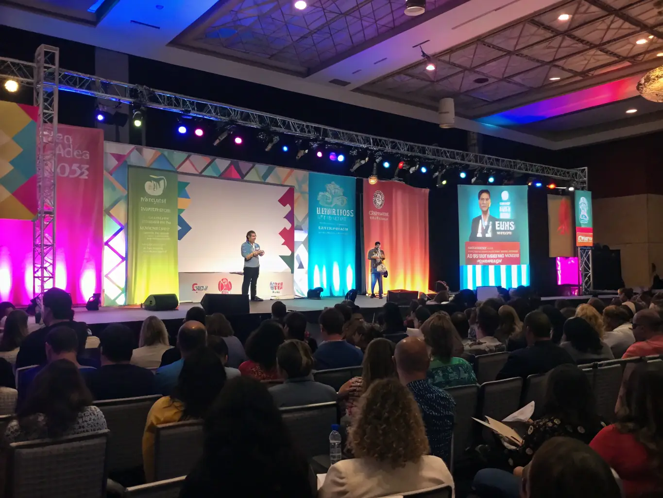 A photograph showcasing a panel discussion at a lobsterspace.fun conference, featuring thought leaders sharing their perspectives and engaging in a Q&A session with the audience.