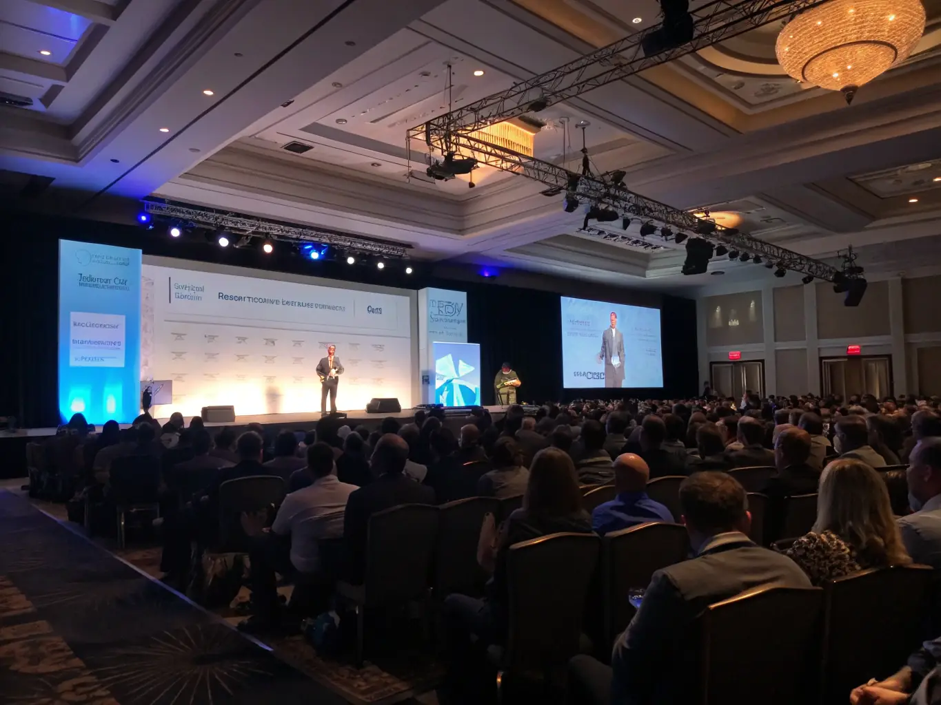 A photograph of a conference room during a keynote speech, with attendees actively listening and taking notes, capturing the essence of an engaging session.