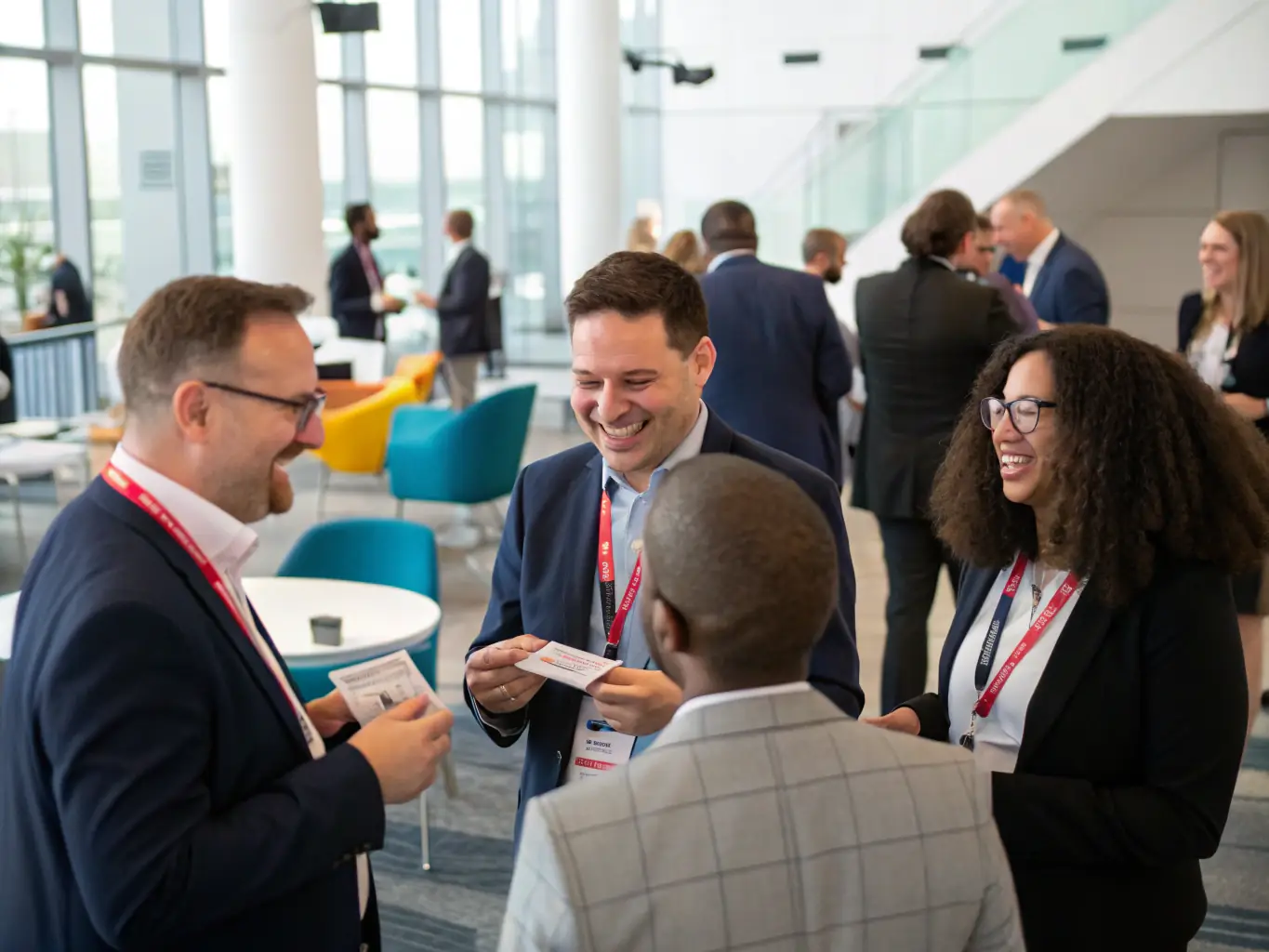 A photograph of attendees networking during a coffee break, showcasing the informal interactions and connections made at the conference.